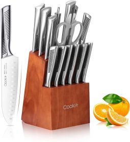 Kitchen Knife Set; 15 Piece Knife Sets with Block Chef Knife Stainless Steel Hollow Handle Cutlery with Manual Sharpener Amazon Platform Banned (default: default)